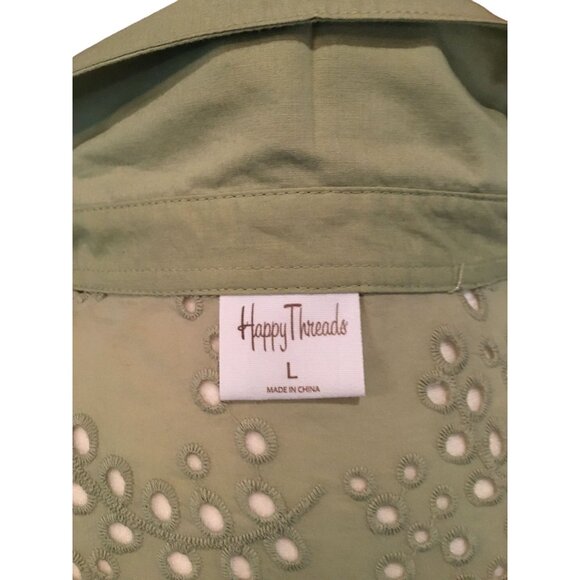 Happy Threads Eyelet Green Button-Down Dress Short Puff Sleeves Large - Picture 6 of 7